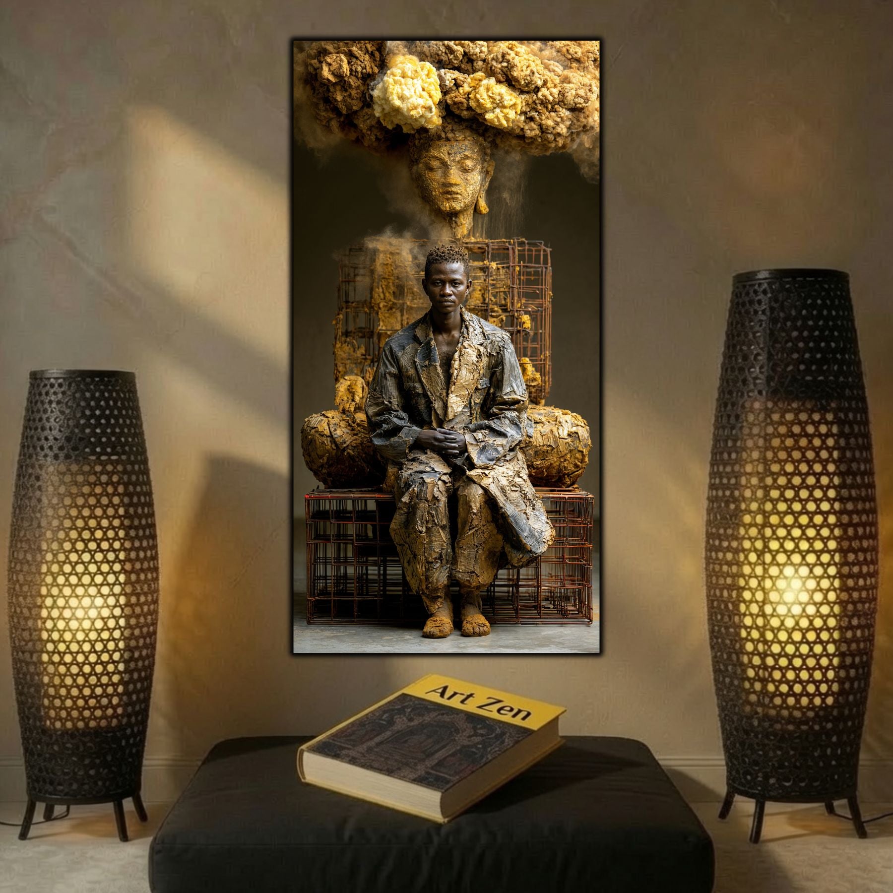 Integrare tablou într-un decor interior modern, estetică zen cu iluminare dramatică și profundă.