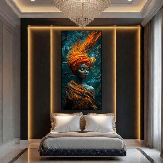 Tablou mare pentru sufragerie, design zen luxury cu contrast turcoaz și portocaliu, iluminare cinematică.