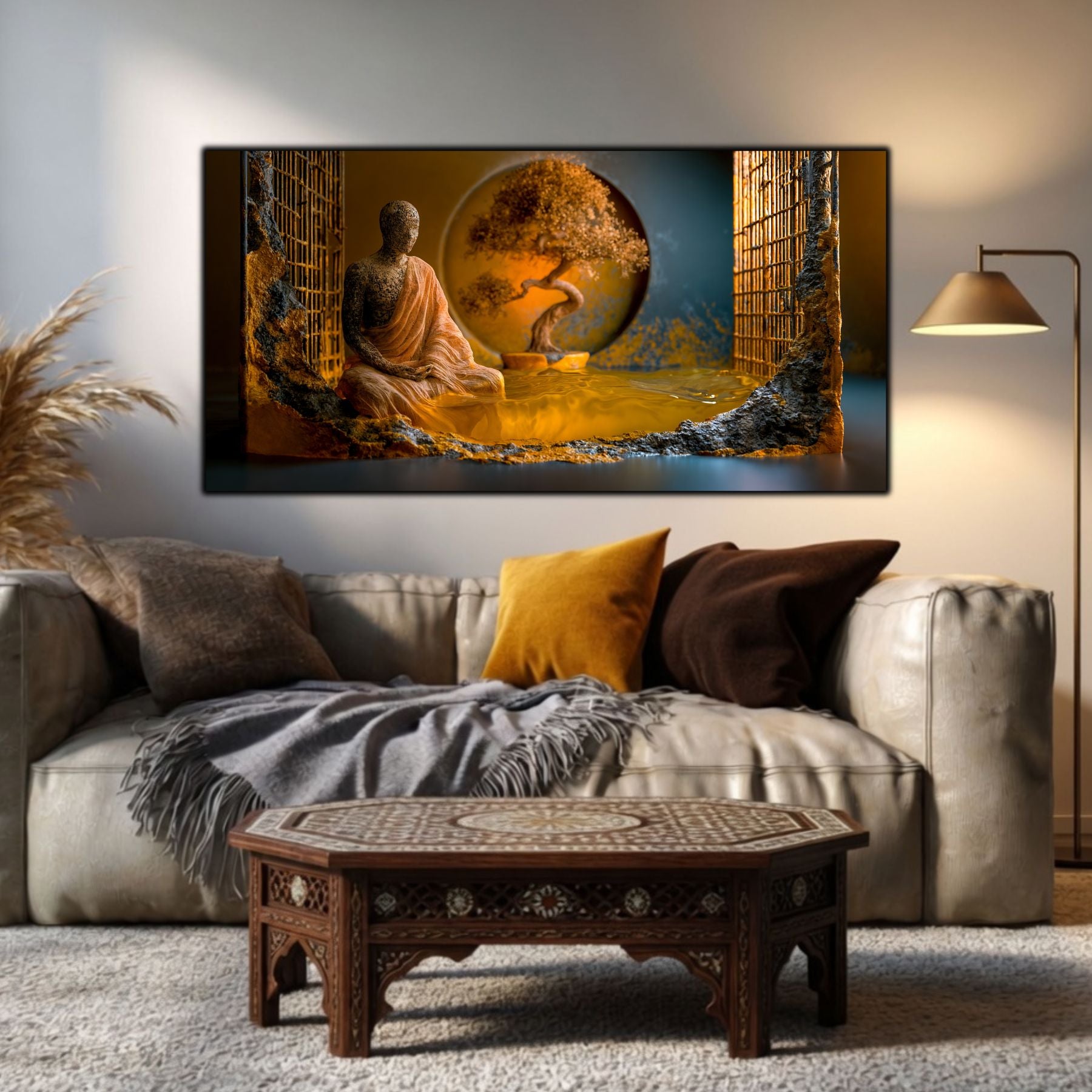 Tablou cu nuante aramii cu portret meditativ printat uv pe sticla securizata