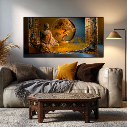 Tablou cu nuante aramii cu portret meditativ printat uv pe sticla securizata