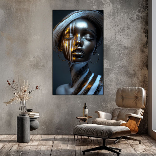 tablou modern pentru living cu portret feminin auriu „Aureate Witness” – mockup interior modern 1
