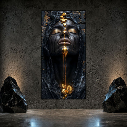 Tablou decorativ living cu portret masculin in nuante negre si aurii, ce pare sculptat in bazalt.