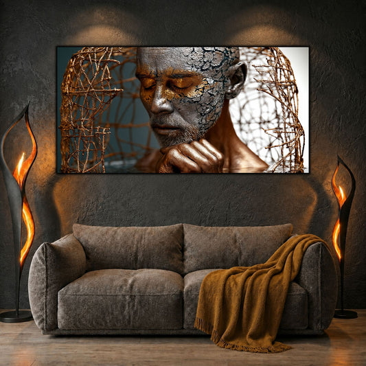 Tablou modern living Fărâme de aur și gând tăcut printat pe sticlă securizată panoramică deasupra unei canapele confortabile într-un living contemporan cu lumini calde