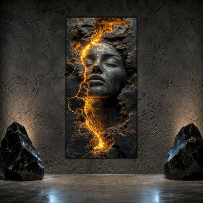 Tablou modern pentru living cu portret sclptural feminin, cu fisuri care seamana cu lumina incandescenta a fulgerului si a magmei aurii.