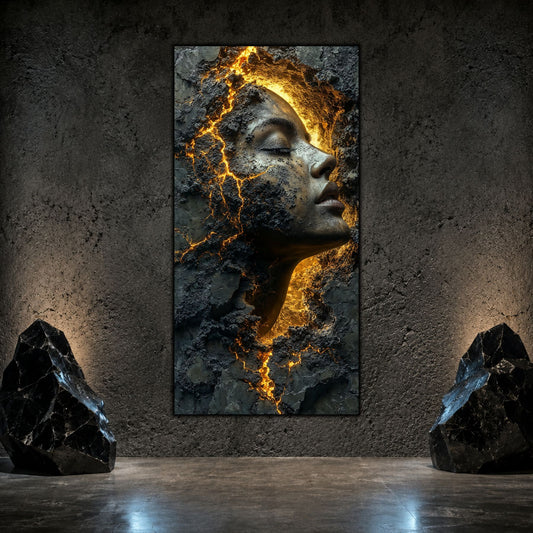 Tablou mare pentru decor perete living cu portret brazdat de crapaturi si sarturi aurii, cu textura minerala aurie, pe un perete cenusiu de sufragerie.