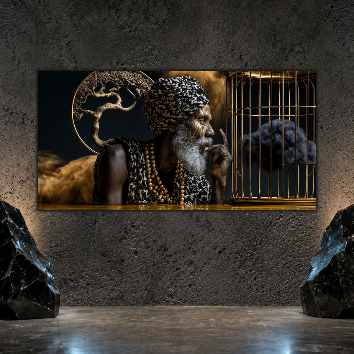 Tablou modern living Iluzia furtunii captive printat pe sticlă securizată panoramică pe perete texturat între două sculpturi de piatră naturală