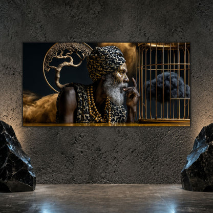 Tablou modern living Iluzia furtunii captive printat pe sticlă securizată panoramică pe perete texturat între două sculpturi de piatră naturală