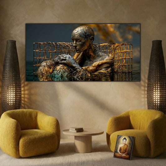 Tablou modern living Paza cuștii de aur scufundate printat pe sticlă securizată panoramică deasupra a două fotolii galbene într-un living modern cald