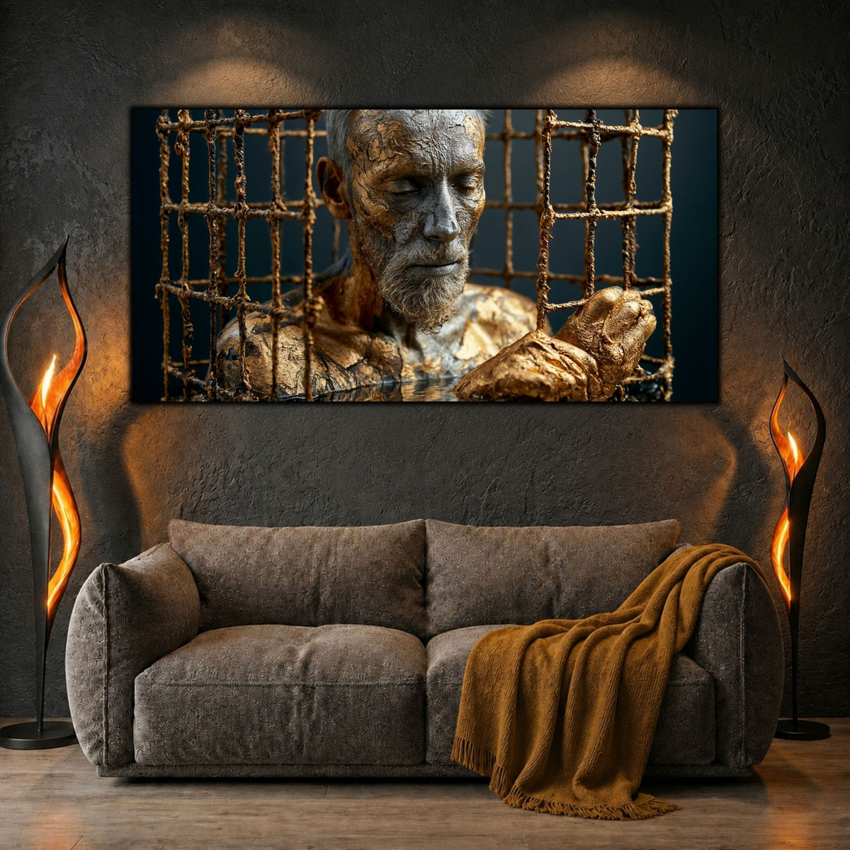 Tablou modern living Paza cuștii de rugină și aur printat pe sticlă securizată panoramică deasupra unei canapele confortabile într-un living contemporan cu lumini calde