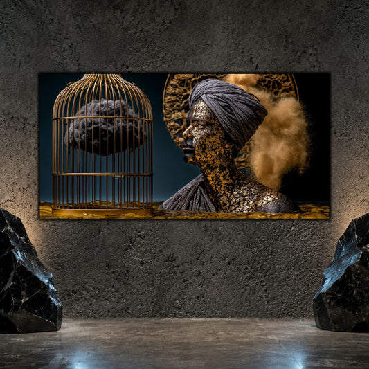 Tablou modern living Paza furtunii închise printat pe sticlă securizată panoramică pe perete texturat între două sculpturi de piatră naturală