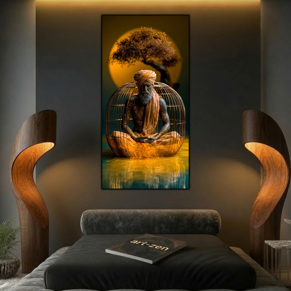 Tablou modern living vertical Paza soarelui interior printat pe sticlă securizată deasupra unui pat elegant flancat de lămpi sculpturale de lemn