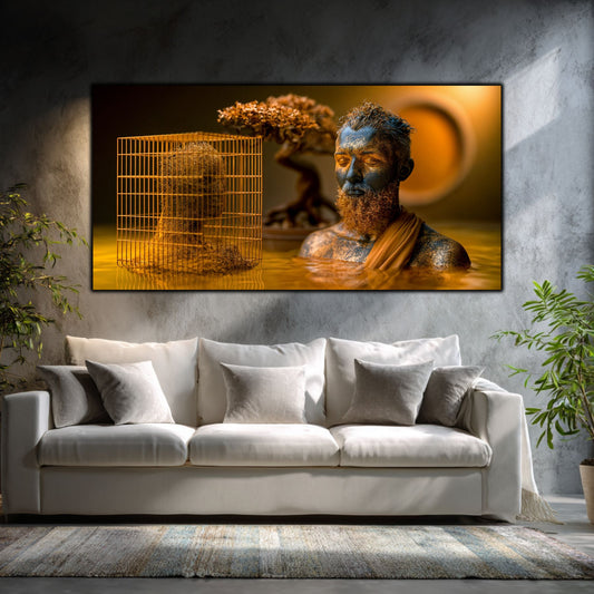 Tablou modern living Paza umbrei din colivie printat pe sticlă securizată panoramică deasupra unei canapele albe într-un living modern luminos