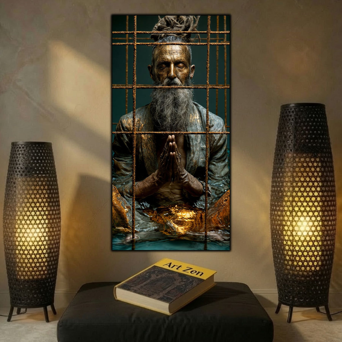 Tablou modern living vertical Rugăciune dincolo de gratii printat pe sticlă securizată pe perete sobru flancat de două lămpi înalte împletite