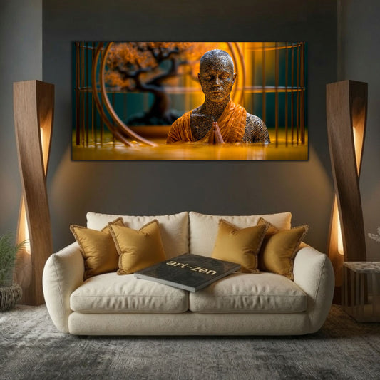 Tablou modern living Sanctuarul de dincolo de zăbrele printat pe sticlă securizată panoramică deasupra unei canapele crem într-un living elegant cu lămpi sculpturale de lemn