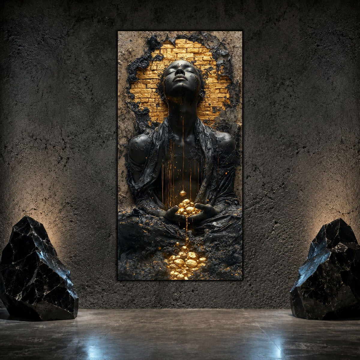 Tablou mare si elegant, din sticla, cu silueta meditativa pe un perete de living cu relief mineral, in tonuri dark si gold-aurii.