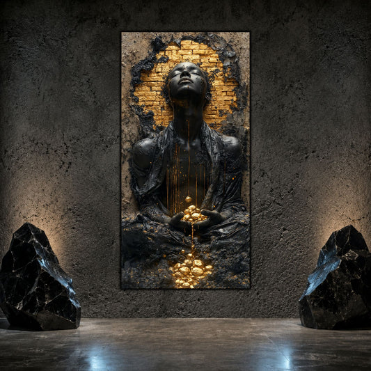Tablou mare si elegant, din sticla, cu silueta meditativa pe un perete de living cu relief mineral, in tonuri dark si gold-aurii.
