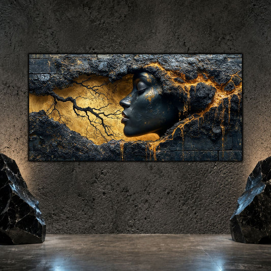 Tablou modern decortiv sufragerie cu chip feminin sculptural in nuante de antracit si carbune catre care se indreapta o ramura pe un fond mineral auriu.