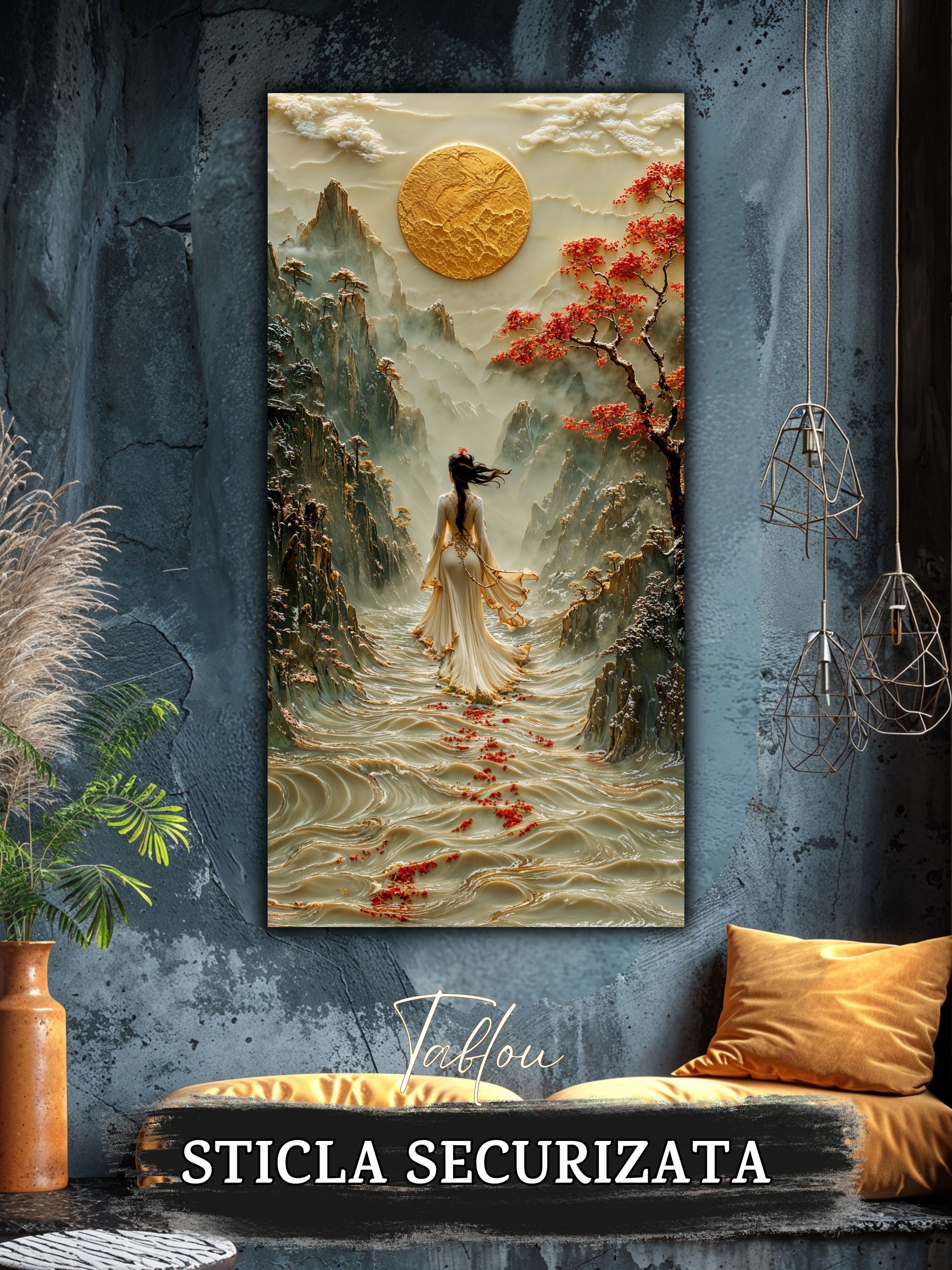 Mockup 1 – Tablou pentru living – Acolo unde curge cerul: Valuri de lumină, munți și roșul discret al drumului, print UV pe sticlă securizată | Art-Zen