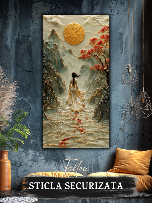 Mockup 1 – Tablou pentru living – Acolo unde curge cerul: Valuri de lumină, munți și roșul discret al drumului, print UV pe sticlă securizată | Art-Zen