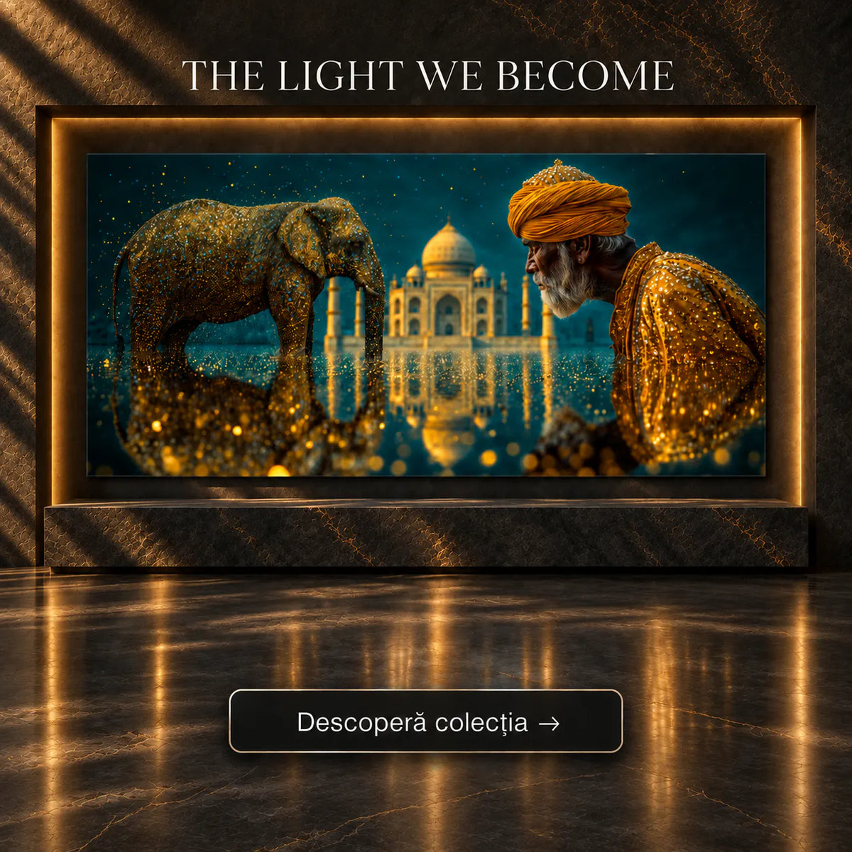 Tablou oriental elegant cu elefant decorat în aur și cristale, înțelept la marginea apei și Taj Mahal – Colecția The Light We Become Art Zen