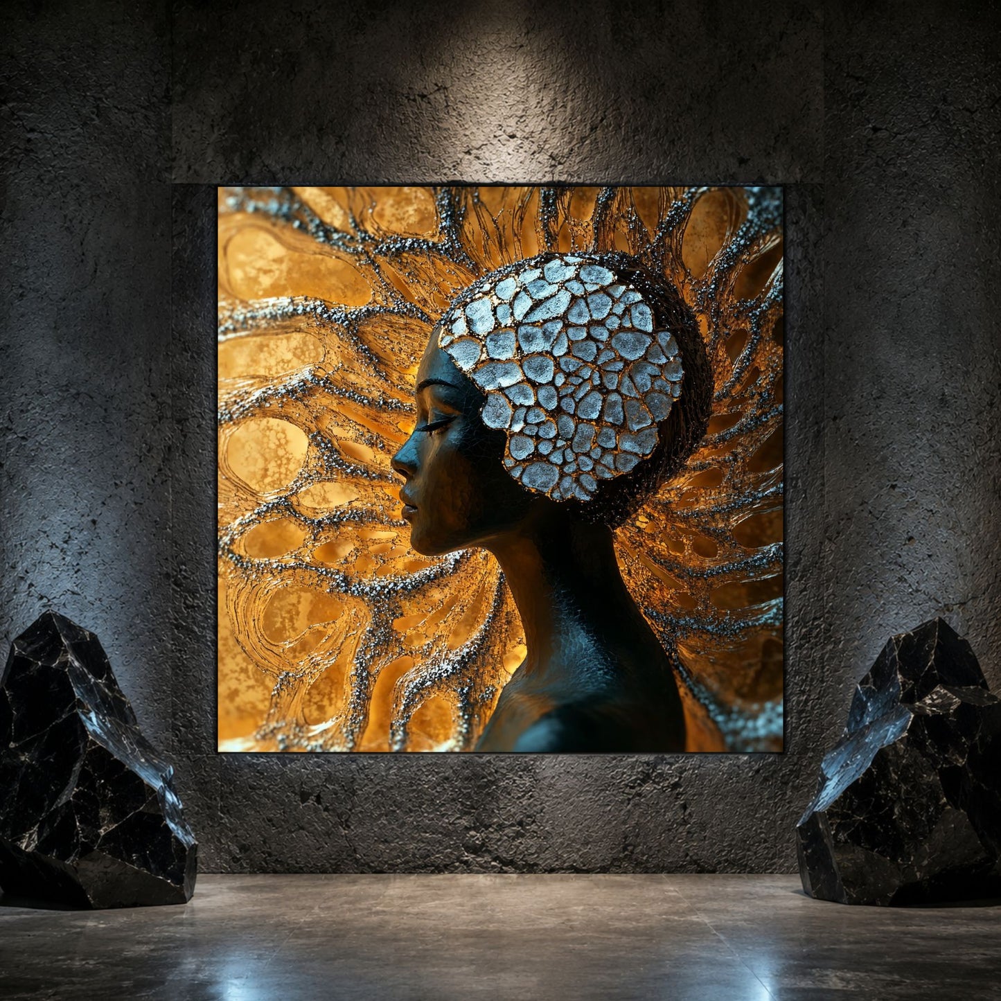 Tablou sticlă Golden Mosaic pe sticlă securizată, prezentat într-un interior modern.