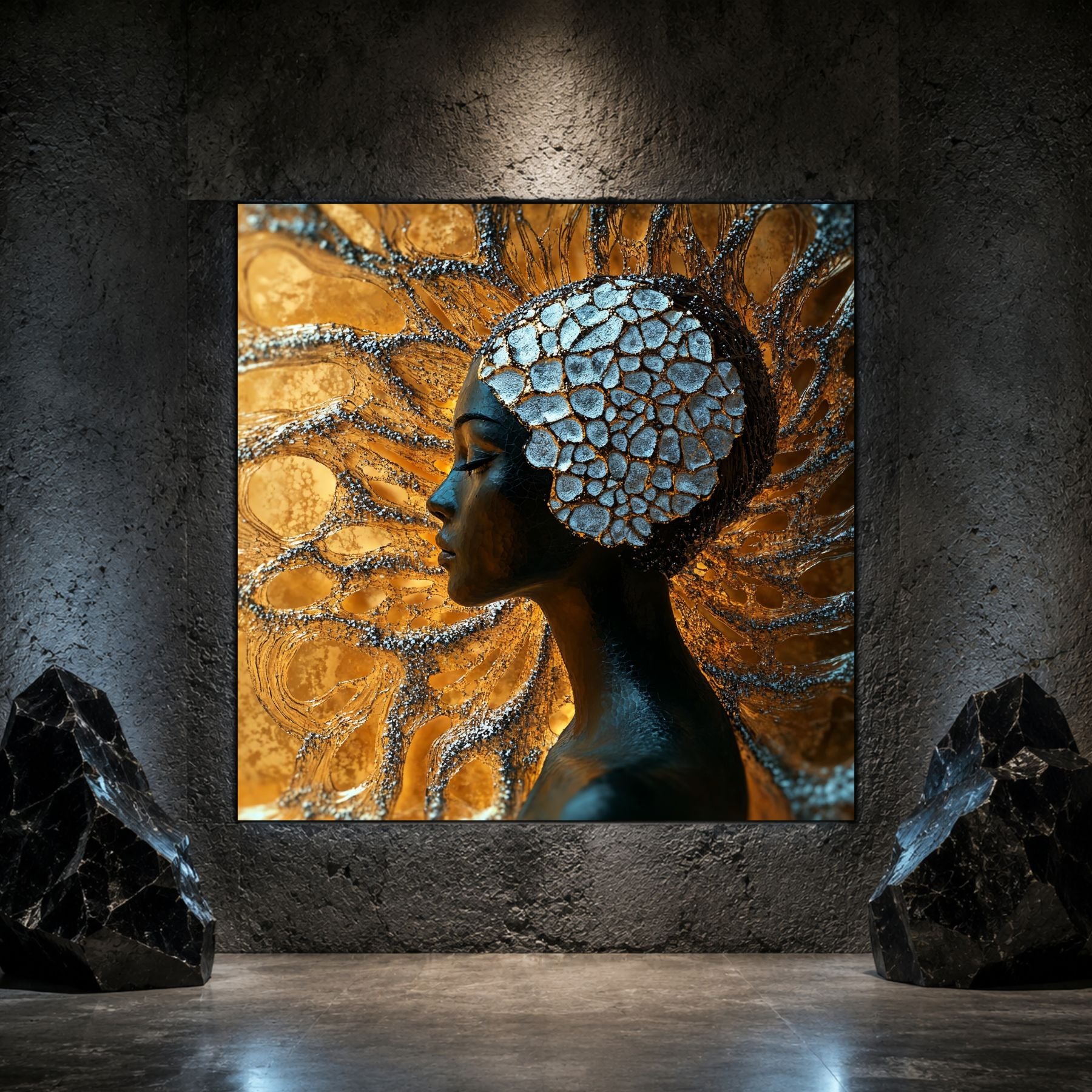 Tablou sticlă Golden Mosaic pe sticlă securizată, prezentat într-un interior modern.
