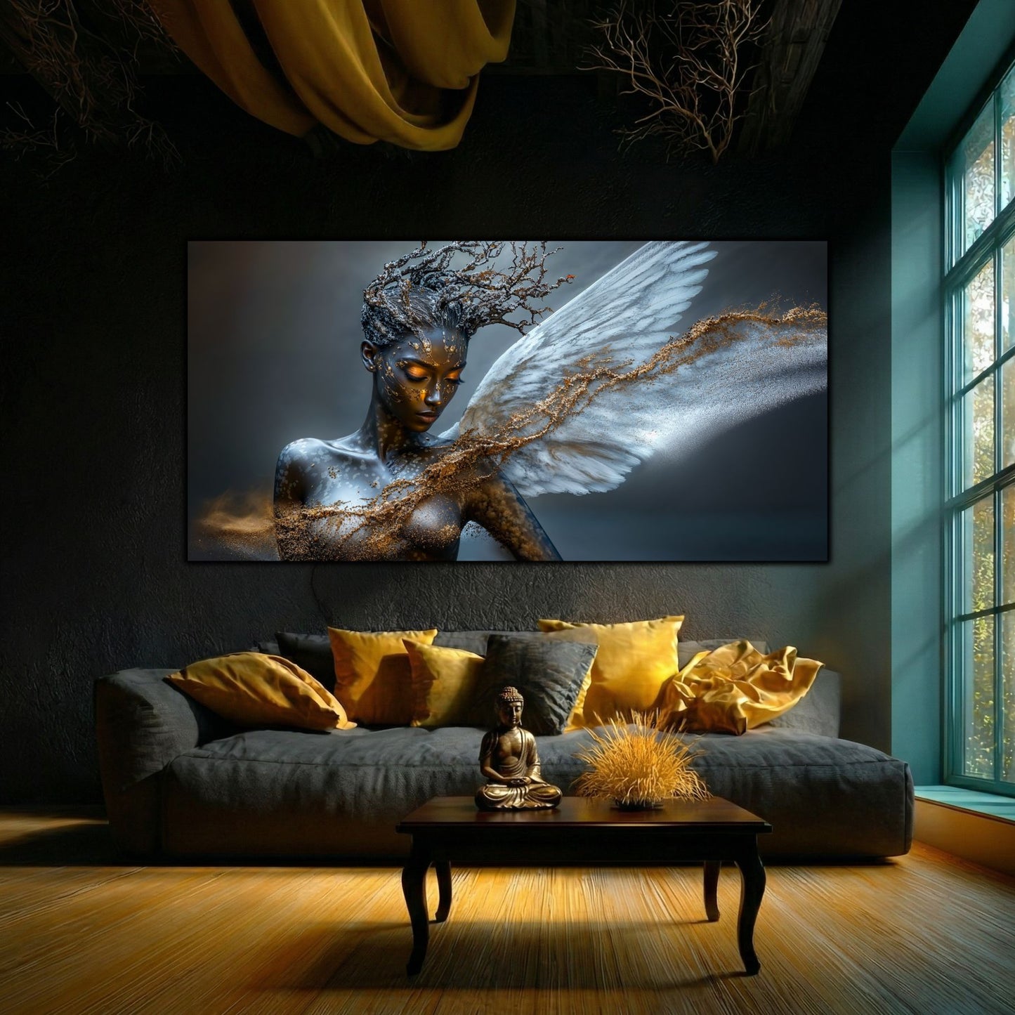 Tablou sufragerie minimalist Scufundare Eterică, artă pe sticlă securizată în culori pale, decor perete modern pentru o locuință aerisită.