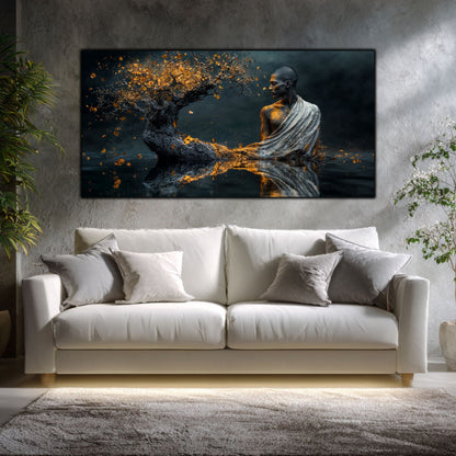 Tablou cu portretul abstract suprarealist al unui barbat care mediteaza, emană o stare de calm și mister. Tablou care transforma spatiul tau si aduce armonie.