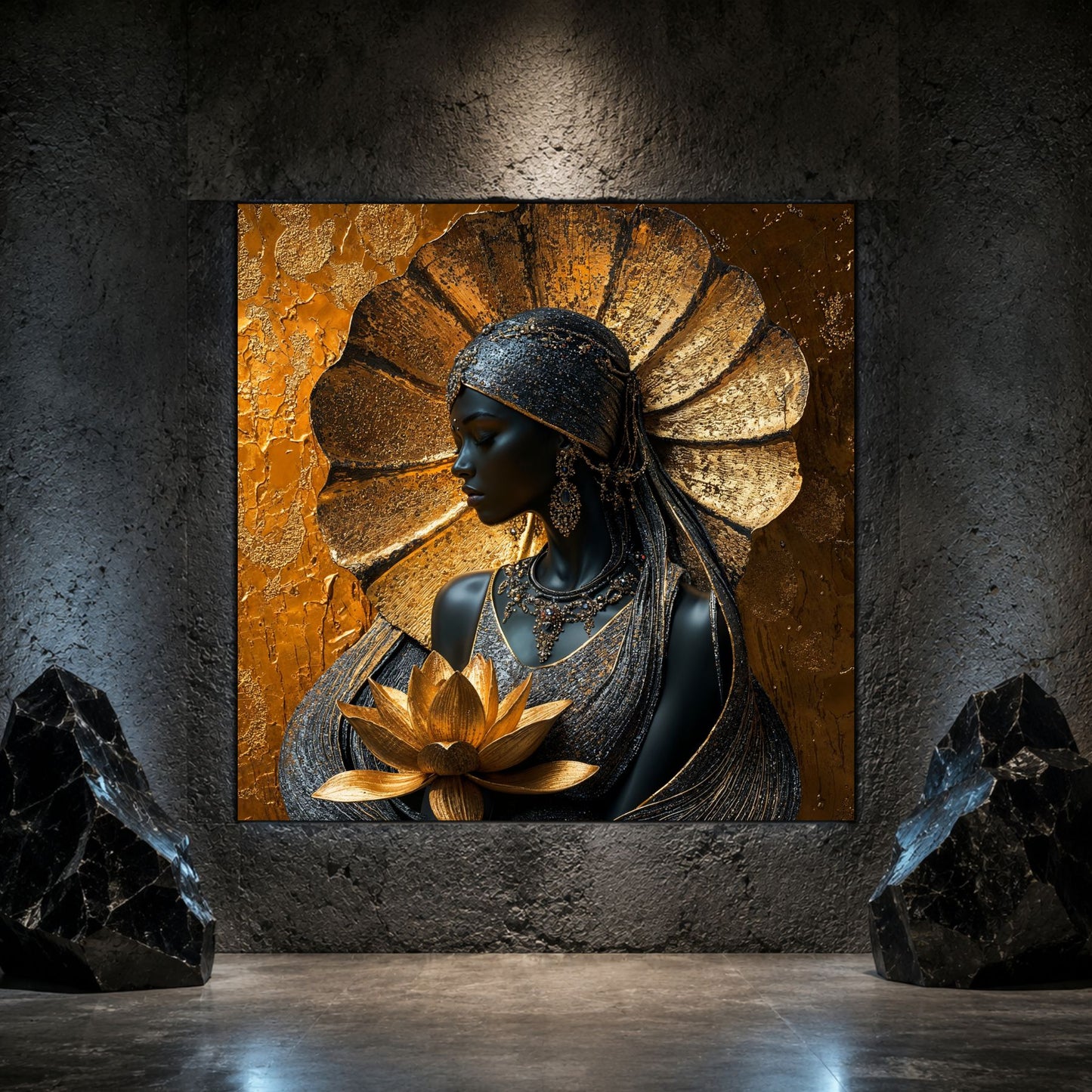 Tablou sticlă Lotus Guardian pe sticlă securizată, prezentat într-un interior modern.