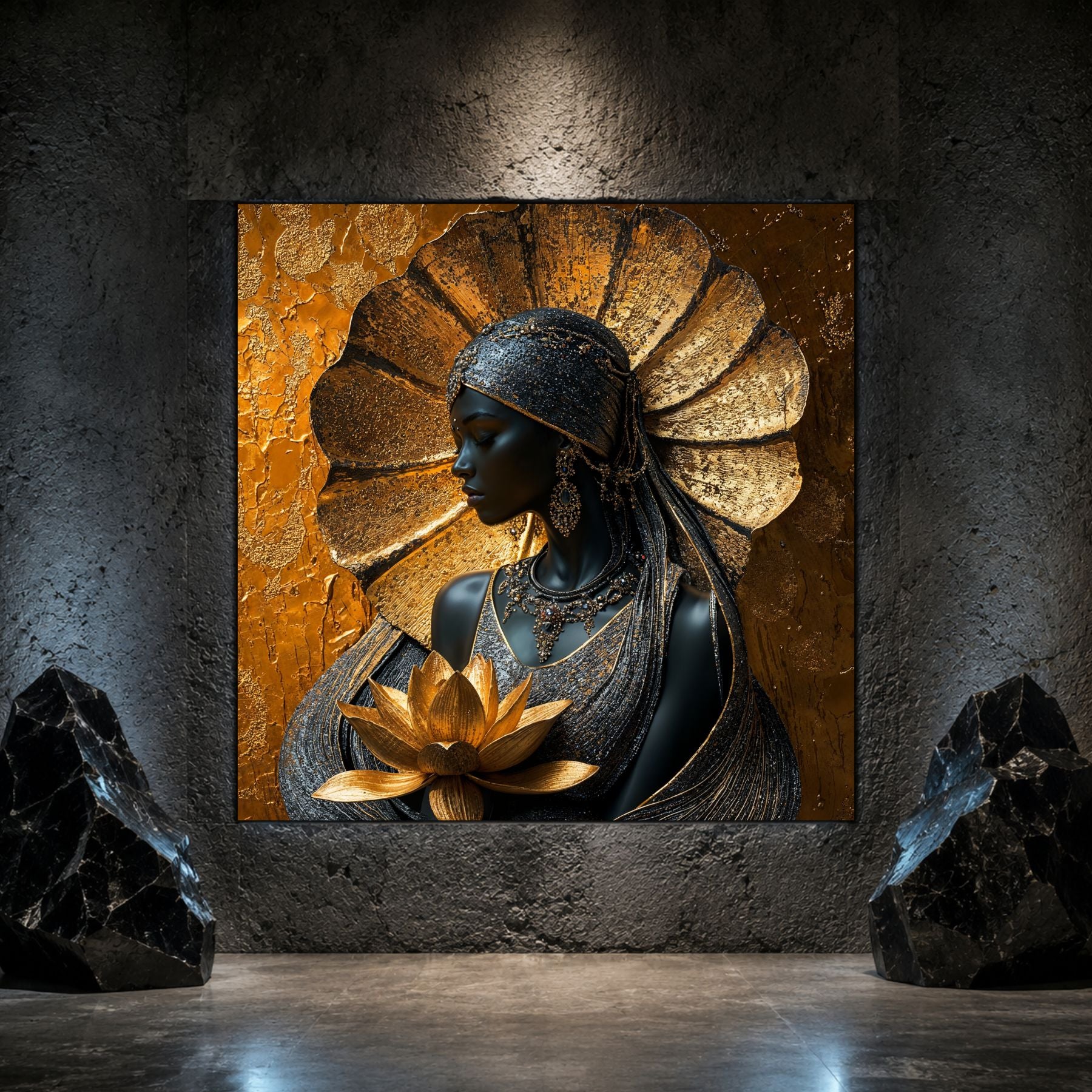 Tablou sticlă Lotus Guardian pe sticlă securizată, prezentat într-un interior modern.