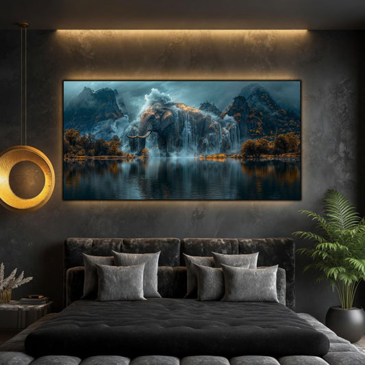 Tablou peisaj natură Cascada titanului adormit printat pe sticlă securizată panoramică deasupra unui pat într-un dormitor contemporan elegant