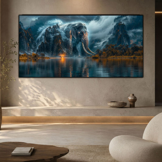 Tablou peisaj natură Muntele care respiră printat pe sticlă securizată panoramică deasupra unei bănci într-un living modern minimalist