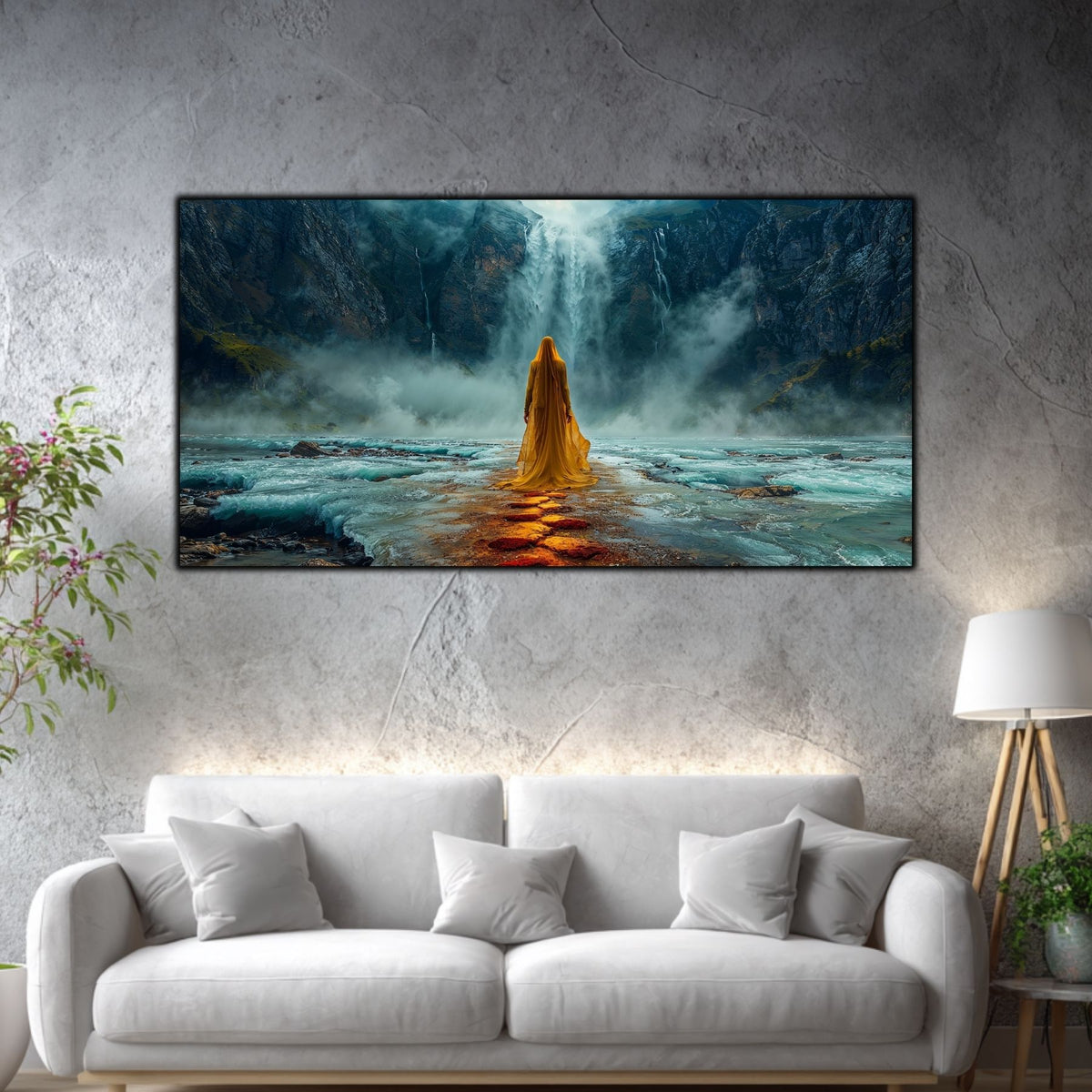 Tablou peisaj natură Pășind spre cascada tăcerii printat pe sticlă securizată panoramică deasupra unei canapele albe într-un living modern luminos