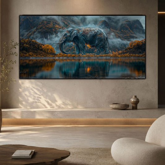 Alege un tablou peisaj natură unicat 1/1 din colecția Art Zen. Print UV panoramic pe sticlă securizată cu elefant monumental, pădure arămie și lac montan.