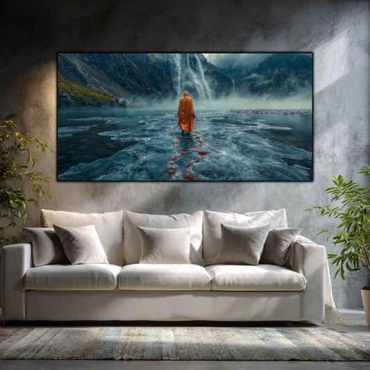 Tablou peisaj natură Pelerinaj spre inima ghețarilor printat pe sticlă securizată panoramică deasupra unei canapele albe într-un living modern luminos