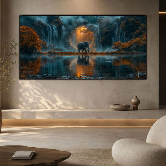 Tablou peisaj natură Poarta zorilor dintre cascade printat pe sticlă securizată panoramică deasupra unei bănci într-un living modern minimalist