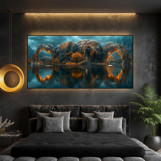 Tablou peisaj natură Sanctuarul arcadelor de piatră printat pe sticlă securizată panoramică deasupra unei canapele albe într-un living modern luminos