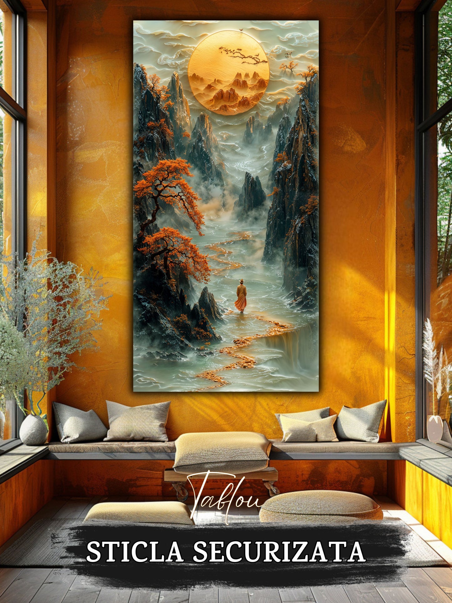 Mockup 2 – Tablou pentru living – Lumina din depărtare: O cale aurie spre munți, apă și spațiu interior, print UV pe sticlă securizată | Art-Zen