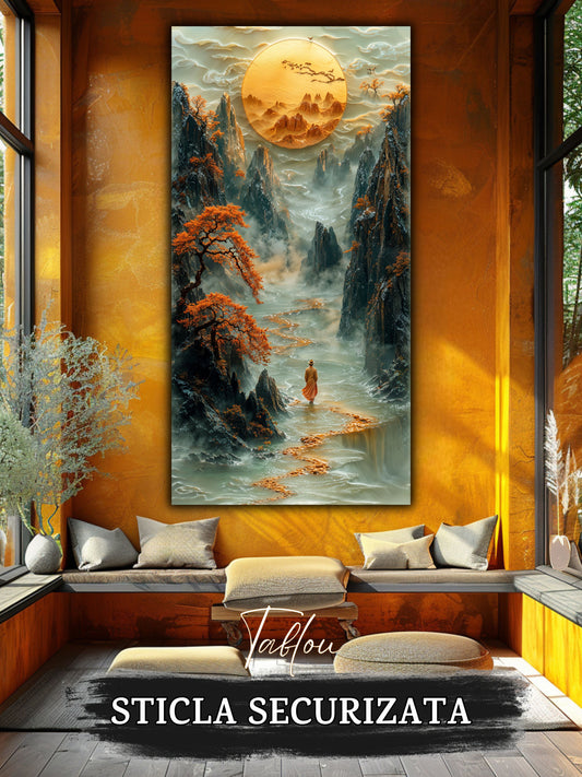 Mockup 2 – Tablou pentru living – Lumina din depărtare: O cale aurie spre munți, apă și spațiu interior, print UV pe sticlă securizată | Art-Zen
