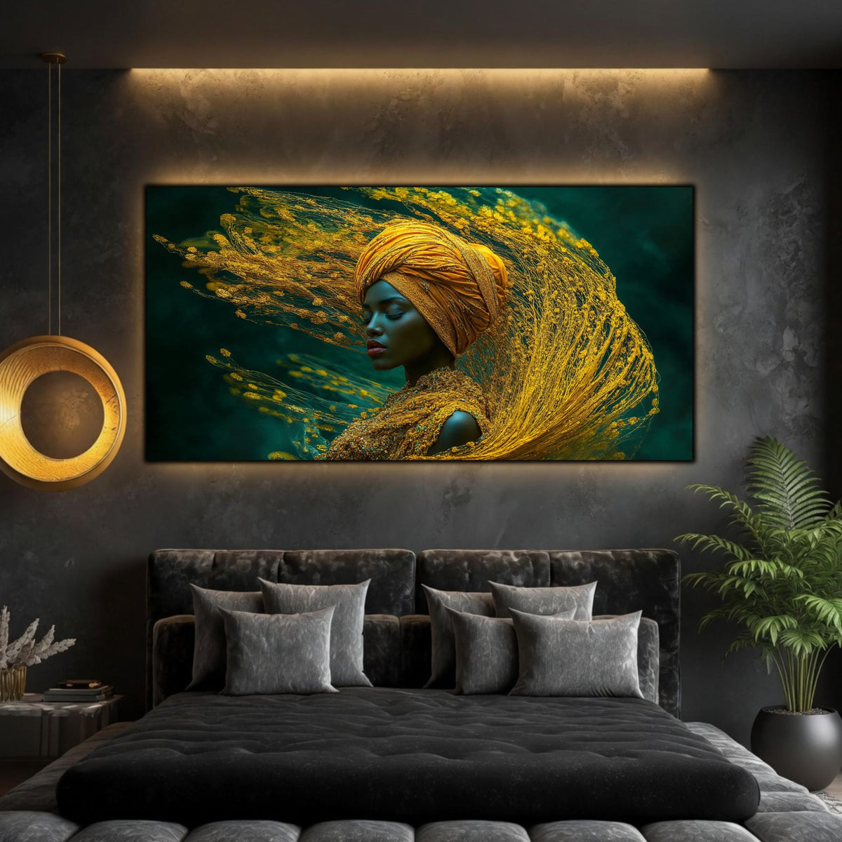 Tablou portret meditativ panoramic Paza penei de aur printat pe sticlă securizată deasupra unui pat matrimonial negru într-un dormitor contemporan