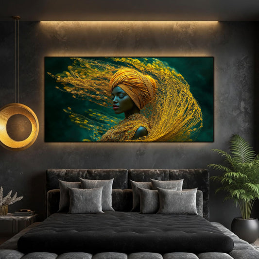 Tablou portret meditativ panoramic Paza penei de aur printat pe sticlă securizată deasupra unui pat matrimonial negru într-un dormitor contemporan