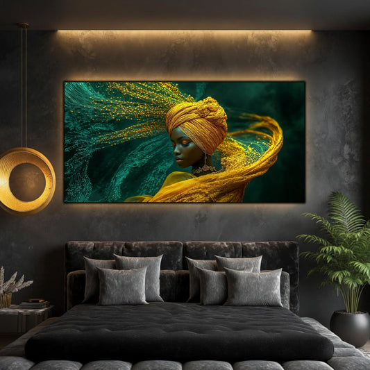 Tablou portret meditativ panoramic Paza pulberii de jad printat pe sticlă securizată deasupra unui pat matrimonial negru într-un dormitor contemporan