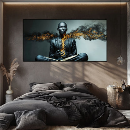 tablou pe sticla pentru sufragerie cu portret in negru meditativ