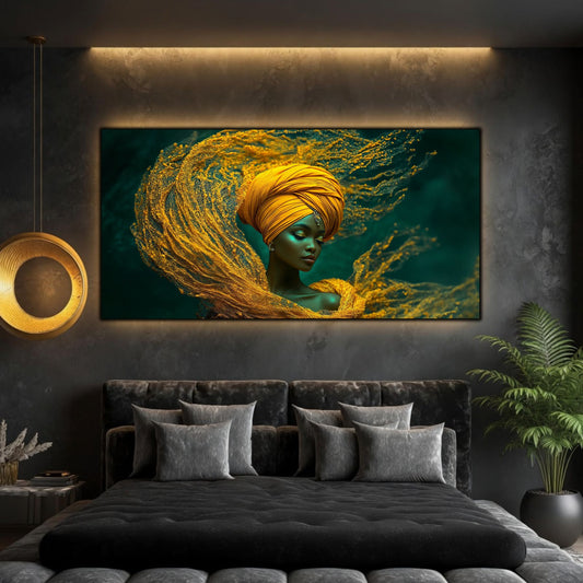 Tablou portret meditativ panoramic Tăcerea din vălul de aur printat pe sticlă securizată deasupra unui pat matrimonial negru într-un dormitor contemporan