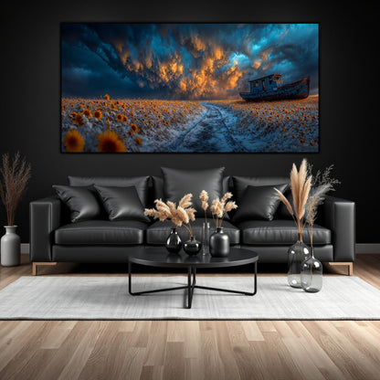 tablou cu o poteca care deschide un nou orizont, cu o corabie simbol al esuarii, cu o furtuna de iarna ce acopera un lan de floarea soarelui. Un tablou paradoxal cu iarna si vara.