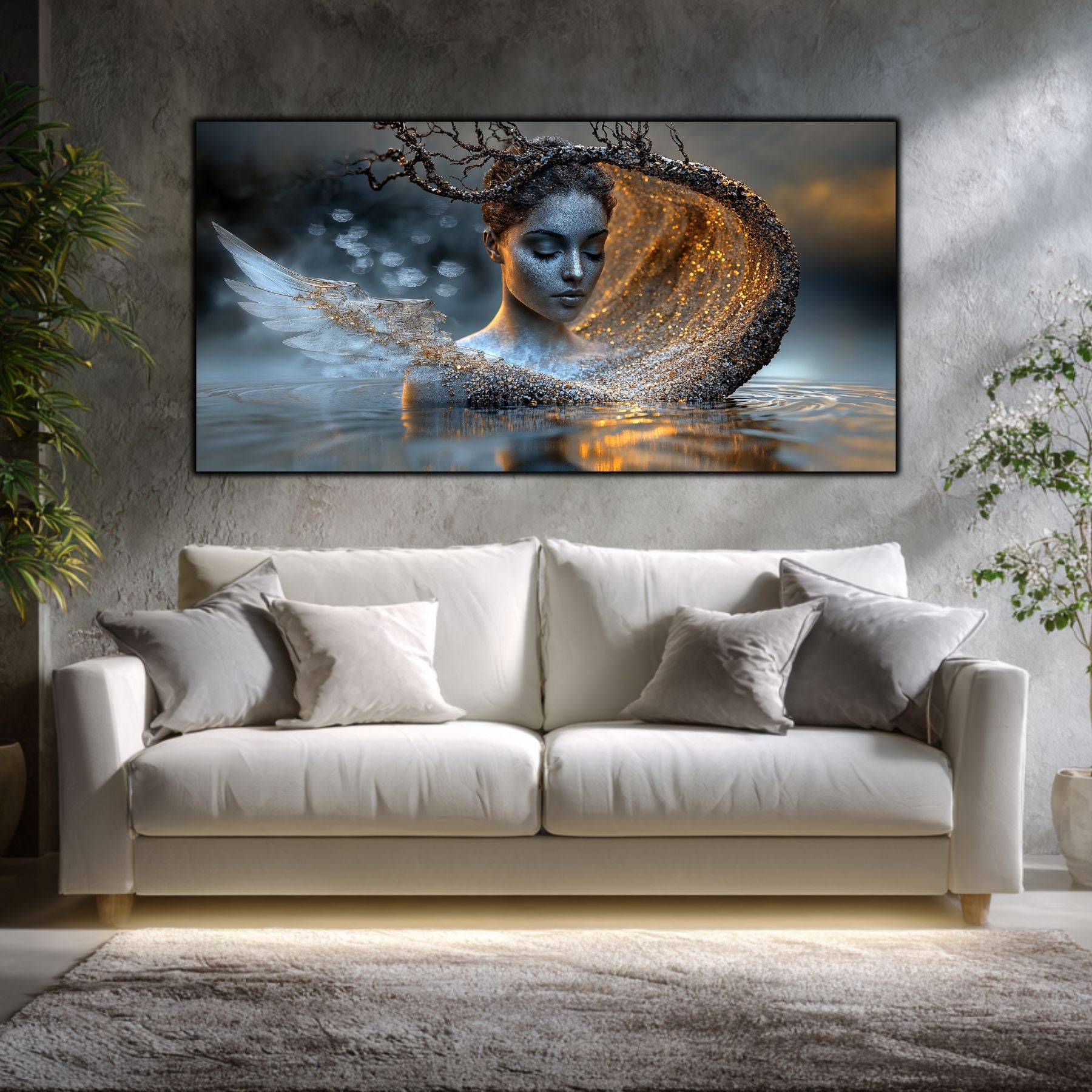 Tablou sufragerie cu temă cosmică Scufundare Eterică, artă pe sticlă securizată cu design diafan și elegant, decor perete sufragerie modernă de lux.