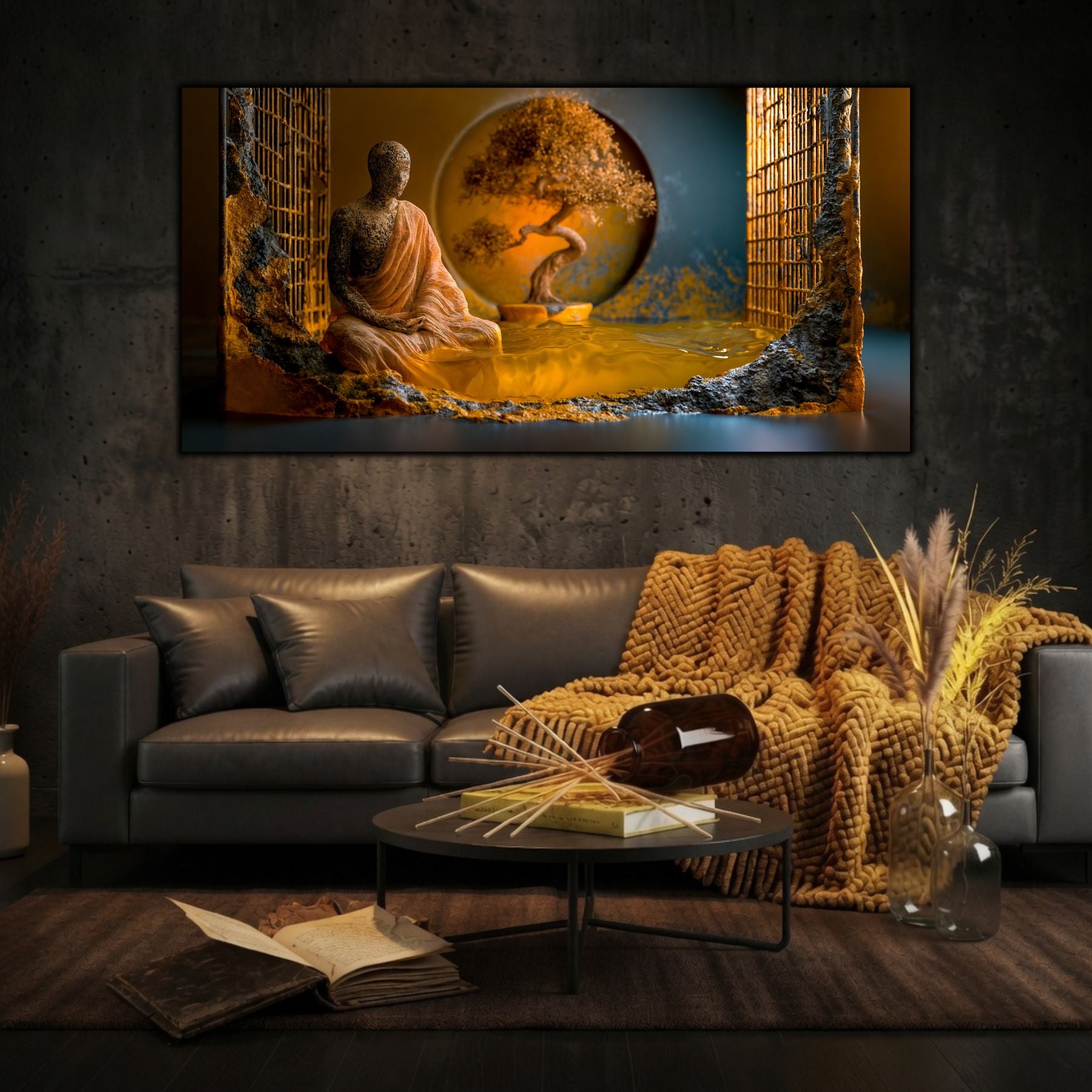 Tablou numit Cel care Priveste, prezentat intr-un living minimalist zen