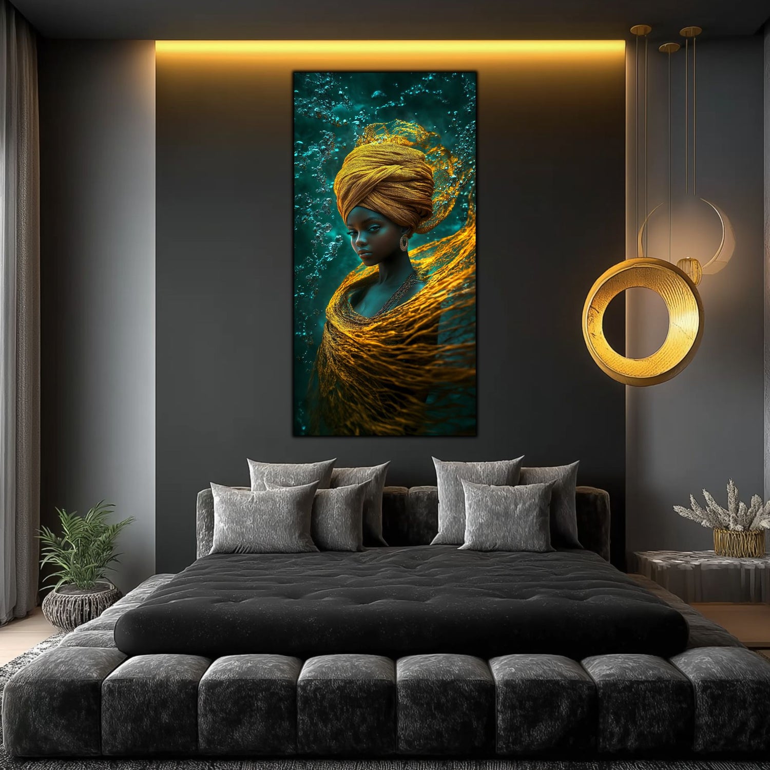 tablou printat uv pe sticla securizata cu portret feminin scufundat in apa oceanului, in culori profunde de turcoaz si auriu. Decorul perfect in sufragerie sau dormitor.