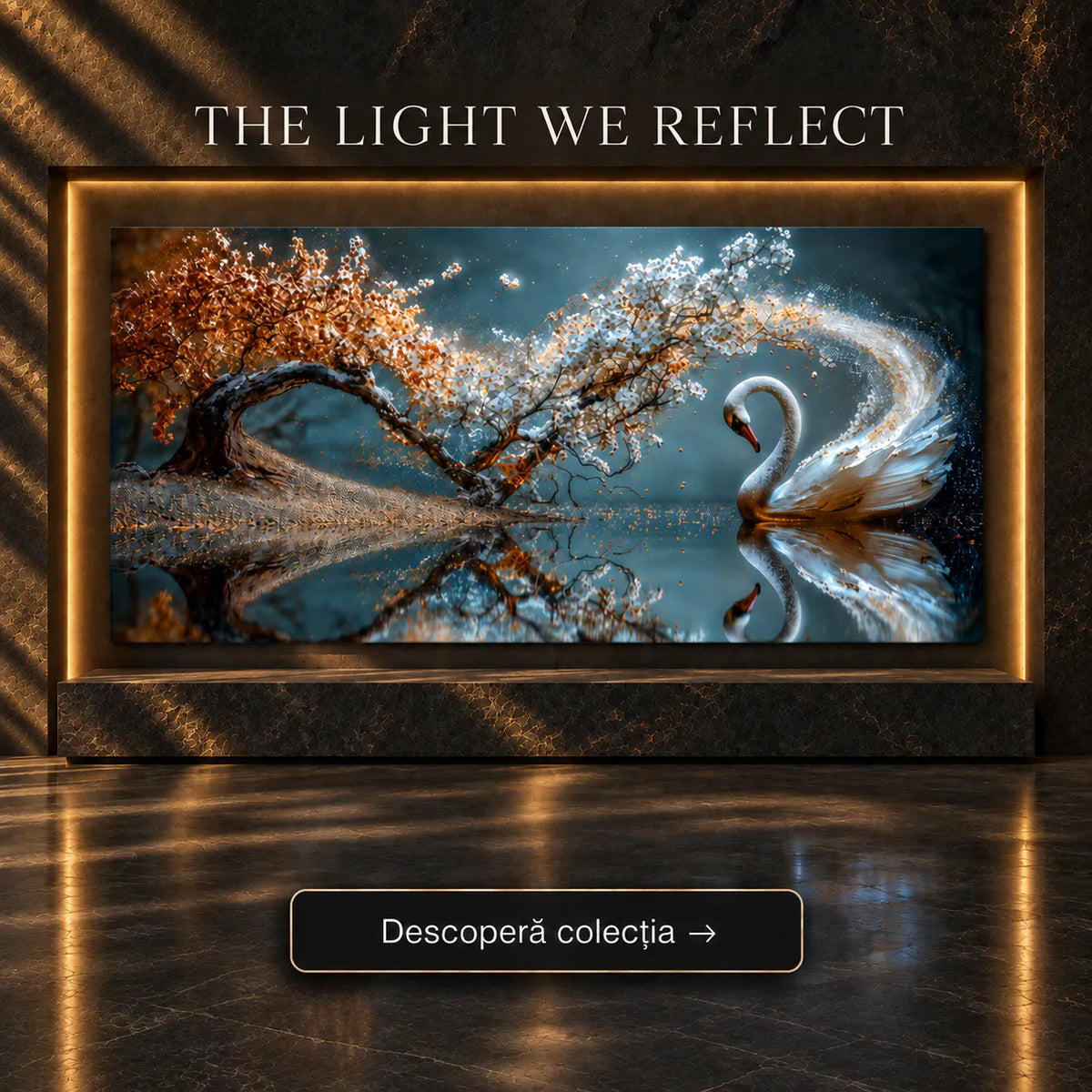 Tablou relaxant dormitor cu lebădă albă pe apă cristalină, copac înflorit în nuanțe tomnatice și reflexii de stele – Colecția The Light We Reflect Art Zen