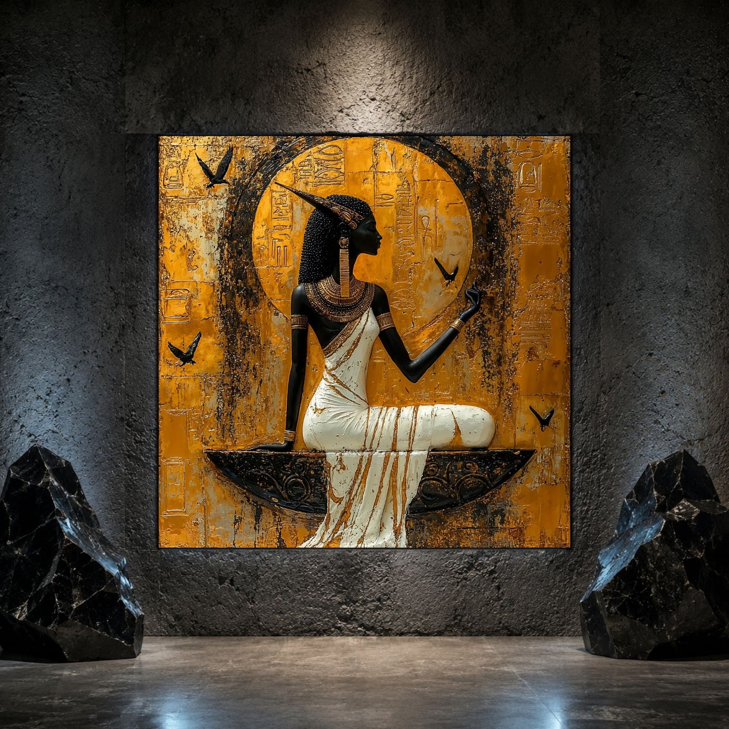 Tablou sticlă Ancestral Light pe sticlă securizată, prezentat într-un interior modern.